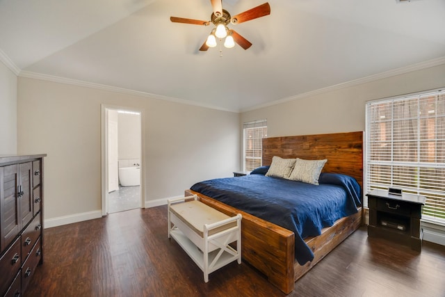 7122 Holden Dr, Rockwall, TX 75087 - bedroom with dark wood-style floors, multiple windows, vaulted ceiling, crown molding, and a ceiling fan