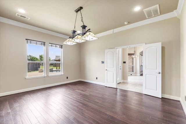 18044 Langford Ln, Talty, TX 75126 - unfurnished room with a chandelier, crown molding, and dark wood finished floors