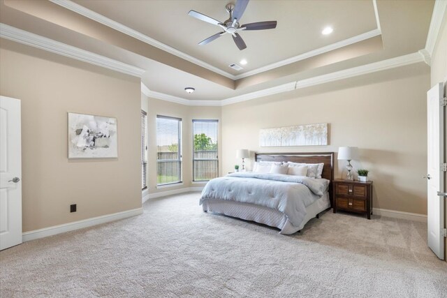 18044 Langford Ln, Talty, TX 75126 - bedroom featuring carpet, a raised ceiling, ornamental molding, a ceiling fan, and recessed lighting