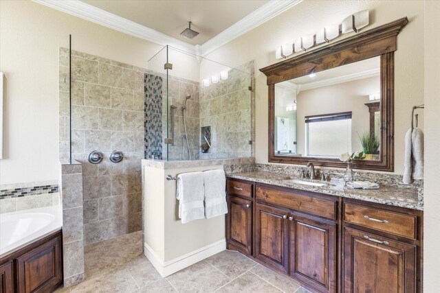 18044 Langford Ln, Talty, TX 75126 - bathroom featuring crown molding, walk in shower, a garden tub, vanity, and tile patterned floors