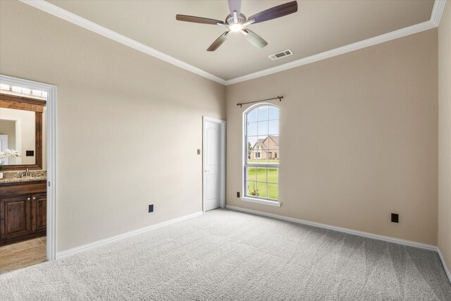 18044 Langford Ln, Talty, TX 75126 - unfurnished room with light carpet, ornamental molding, and a ceiling fan