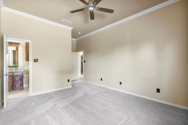 18044 Langford Ln, Talty, TX 75126 - empty room featuring crown molding, a ceiling fan, and light carpet