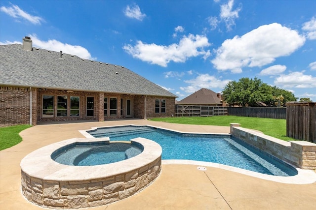 18044 Langford Ln, Talty, TX 75126 - view of swimming pool featuring a fenced backyard, a pool with connected hot tub, and a patio
