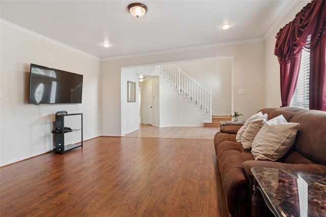 8506 Linda Vista Dr, Rowlett, TX 75088 - living room with stairway, ornamental molding, and wood finished floors