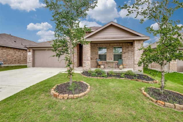 632 Peshtigo Rd, Justin, TX 76247 - ranch-style home featuring a porch, an attached garage, driveway, and brick siding