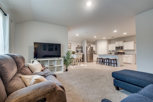 632 Peshtigo Rd, Justin, TX 76247 - living room with light colored carpet, recessed lighting, and vaulted ceiling