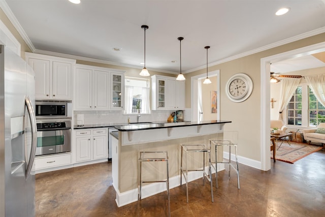 2309 Ryan Ave, Fort Worth, TX 76110 - kitchen featuring appliances with stainless steel finishes, finished concrete floors, decorative backsplash, dark countertops, and ornamental molding
