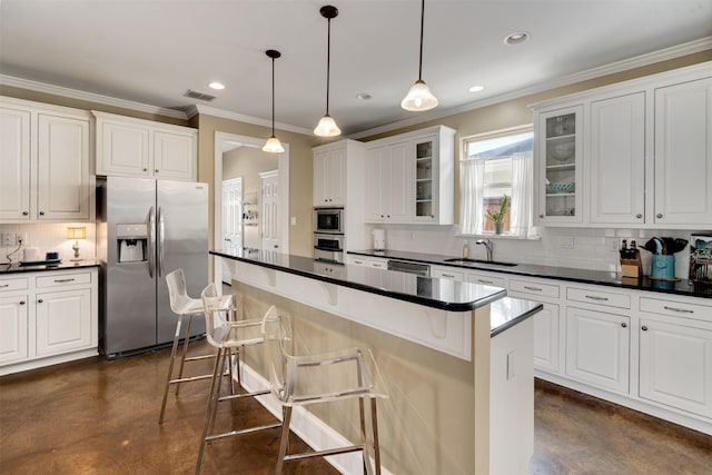 2309 Ryan Ave, Fort Worth, TX 76110 - kitchen featuring appliances with stainless steel finishes, concrete floors, dark countertops, decorative backsplash, and glass insert cabinets