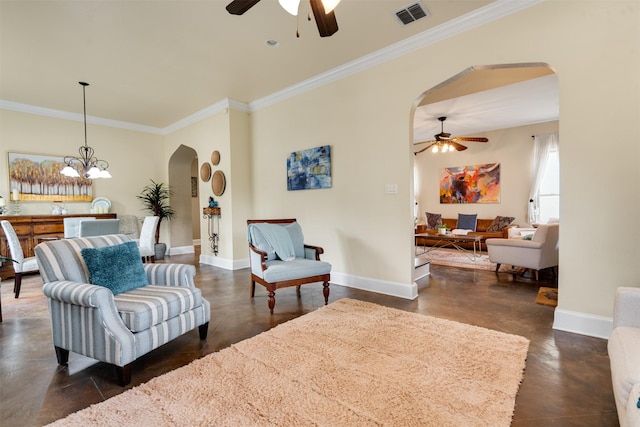 2309 Ryan Ave, Fort Worth, TX 76110 - sitting room featuring arched walkways, a ceiling fan, crown molding, a chandelier, and finished concrete floors