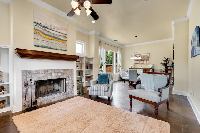2309 Ryan Ave, Fort Worth, TX 76110 - living room featuring a ceiling fan, ornamental molding, recessed lighting, a fireplace, and a chandelier