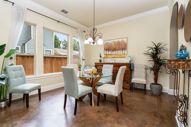 2309 Ryan Ave, Fort Worth, TX 76110 - dining room with ornamental molding, a chandelier, and concrete flooring
