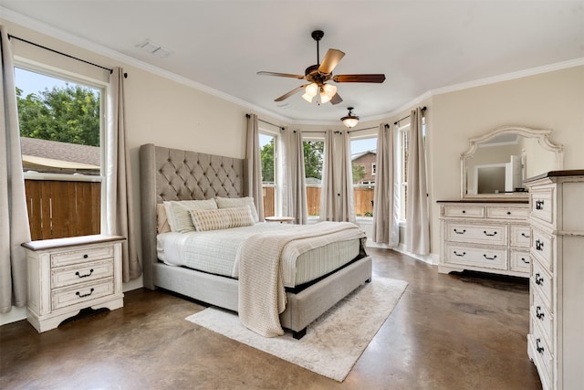 2309 Ryan Ave, Fort Worth, TX 76110 - bedroom featuring concrete flooring, crown molding, and a ceiling fan