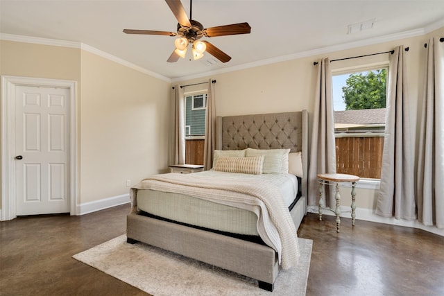 2309 Ryan Ave, Fort Worth, TX 76110 - bedroom featuring finished concrete flooring, ornamental molding, and ceiling fan
