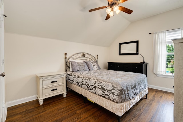 2309 Ryan Ave, Fort Worth, TX 76110 - bedroom featuring dark wood-style flooring, vaulted ceiling, and a ceiling fan