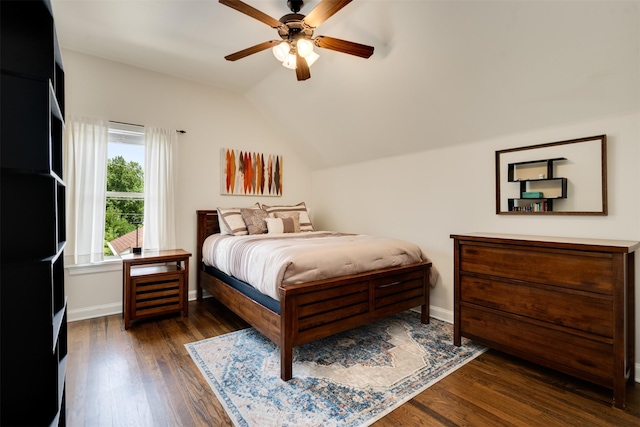2309 Ryan Ave, Fort Worth, TX 76110 - bedroom featuring dark wood finished floors, vaulted ceiling, and ceiling fan