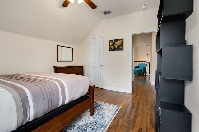 2309 Ryan Ave, Fort Worth, TX 76110 - bedroom with lofted ceiling, dark wood finished floors, and a ceiling fan