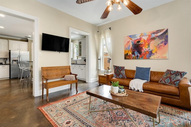 2309 Ryan Ave, Fort Worth, TX 76110 - living area featuring finished concrete floors, a ceiling fan, and recessed lighting