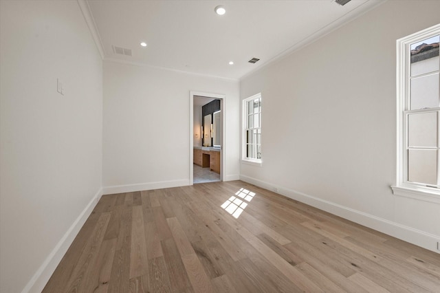 2951 Sunset Blvd, Flower Mound, TX 75022 - empty room with ornamental molding, light wood-style floors, and recessed lighting
