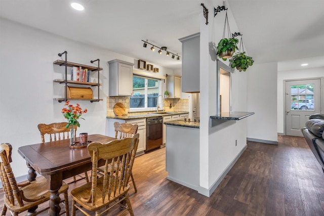 1737 Live Oak Ct, Lewisville, TX 75067 - kitchen featuring dishwashing machine, healthy amount of natural light, wood finished floors, backsplash, and recessed lighting