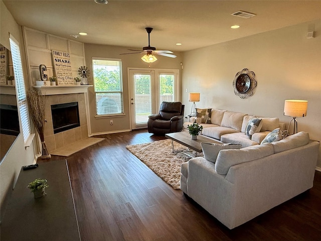 1117 Prairie Heights Dr, Fort Worth, TX 76108 - living room featuring dark wood-type flooring, a ceiling fan, recessed lighting, and a fireplace