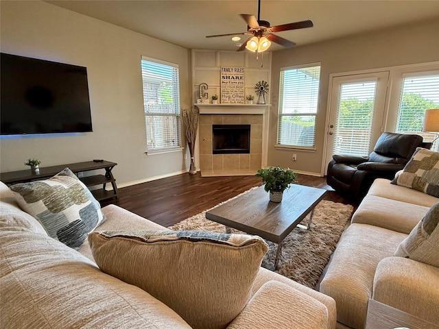 1117 Prairie Heights Dr, Fort Worth, TX 76108 - living area featuring a ceiling fan, wood finished floors, and plenty of natural light