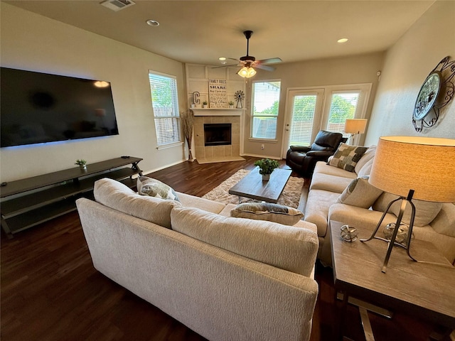 1117 Prairie Heights Dr, Fort Worth, TX 76108 - living room featuring ceiling fan, a fireplace, wood finished floors, and recessed lighting
