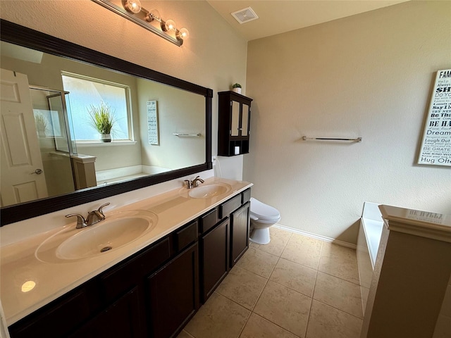 1117 Prairie Heights Dr, Fort Worth, TX 76108 - bathroom with a bath, double vanity, a stall shower, and tile patterned flooring