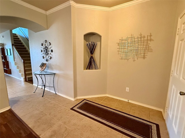 1117 Prairie Heights Dr, Fort Worth, TX 76108 - corridor with arched walkways, tile patterned floors, crown molding, and stairway