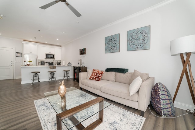 3400 Welborn St Unit 224, Dallas, TX 75219 - living area featuring dark wood-style flooring, ornamental molding, ceiling fan, and recessed lighting