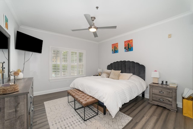 3400 Welborn St Unit 224, Dallas, TX 75219 - bedroom with crown molding, dark wood-style flooring, and a ceiling fan
