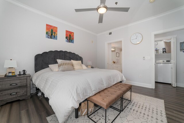 3400 Welborn St Unit 224, Dallas, TX 75219 - bedroom with washer / dryer, crown molding, wood finished floors, ensuite bathroom, and a ceiling fan
