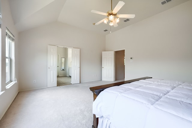 4424 Ridge Point Ln, Plano, TX 75024 - bedroom featuring light carpet, multiple windows, connected bathroom, ceiling fan, and high vaulted ceiling