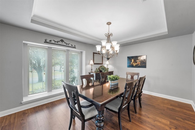 9600 Old Farm Rd, Woodway, TX 76712 - dining space featuring a tray ceiling, a chandelier, hardwood / wood-style flooring, and crown molding