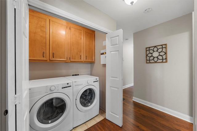 9600 Old Farm Rd, Woodway, TX 76712 - laundry area with cabinet space, washing machine and dryer, and dark wood-style flooring