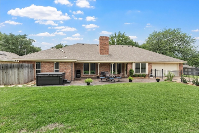 9600 Old Farm Rd, Woodway, TX 76712 - rear view of property featuring a hot tub, a fenced backyard, a patio area, and a chimney