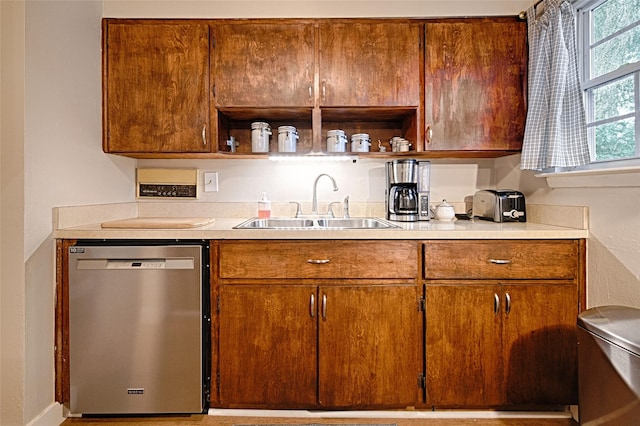 531 Himes Dr, Euless, TX 76039 - kitchen featuring dishwasher, open shelves, light countertops, and brown cabinets