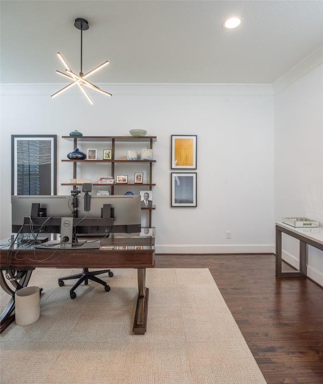 13896 Evergreen Dr, Frisco, TX 75035 - home office featuring crown molding, wood finished floors, and recessed lighting
