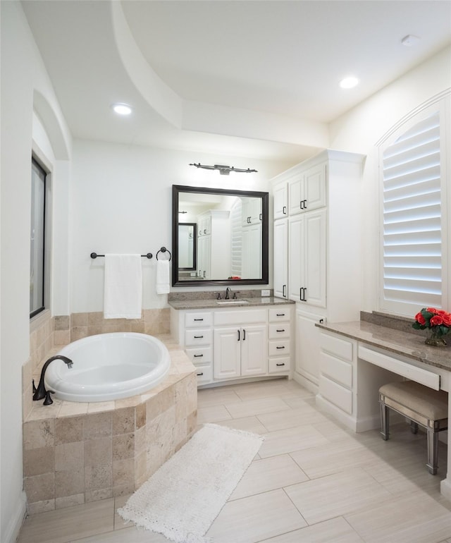 13896 Evergreen Dr, Frisco, TX 75035 - full bathroom featuring a garden tub, vanity, recessed lighting, and tile patterned floors