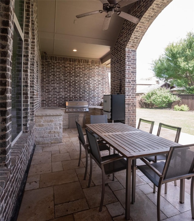 13896 Evergreen Dr, Frisco, TX 75035 - view of patio / terrace featuring area for grilling, outdoor dining space, and a ceiling fan