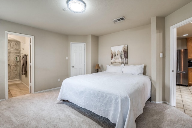 1138 Sophia St, Allen, TX 75013 - bedroom with light colored carpet, light tile patterned floors, and freestanding refrigerator