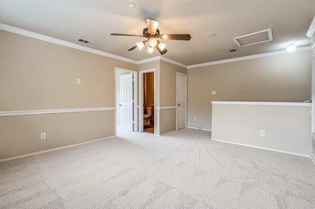 1138 Sophia St, Allen, TX 75013 - empty room with attic access, a ceiling fan, ornamental molding, and carpet flooring