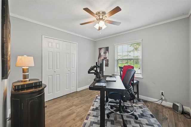 864 Warwick Dr, Plano, TX 75023 - office area with a ceiling fan, wood finished floors, ornamental molding, and a textured ceiling