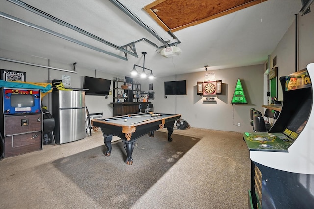 864 Warwick Dr, Plano, TX 75023 - playroom featuring billiards table, carpet flooring, and a garage