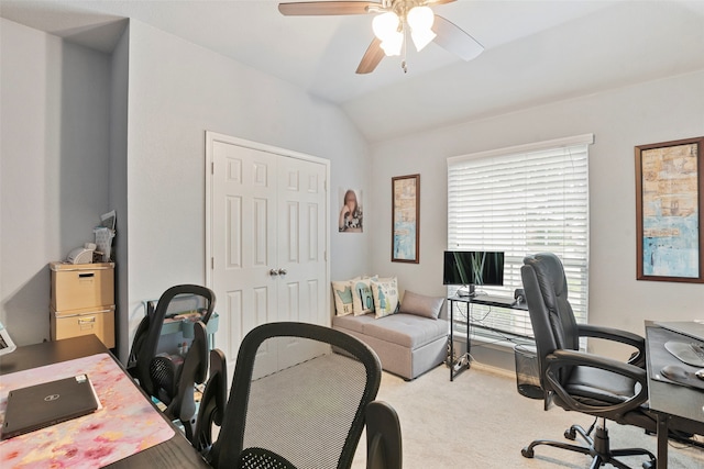 6436 Meadowcrest Ln, Sachse, TX 75048 - carpeted office space featuring a ceiling fan and vaulted ceiling