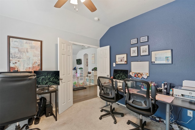 6436 Meadowcrest Ln, Sachse, TX 75048 - office space featuring vaulted ceiling, arched walkways, ceiling fan, carpet, and a textured wall