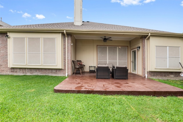 6436 Meadowcrest Ln, Sachse, TX 75048 - rear view of property with a ceiling fan, a patio, a lawn, and a shingled roof