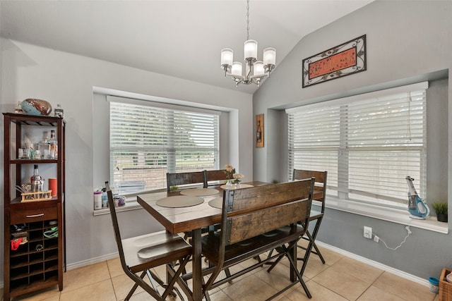 6436 Meadowcrest Ln, Sachse, TX 75048 - dining area featuring lofted ceiling, light tile patterned flooring, and a chandelier