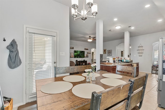 6436 Meadowcrest Ln, Sachse, TX 75048 - dining area with ceiling fan, light tile patterned floors, recessed lighting, and a chandelier