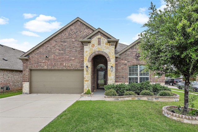 4300 Lakeview Dr, Frisco, TX 75036 - french country home featuring brick siding, stone siding, a front yard, and driveway
