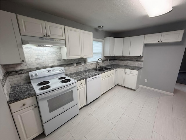 2110 W Bond St, Denison, TX 75020 - kitchen featuring white appliances, under cabinet range hood, backsplash, white cabinets, and a textured ceiling
